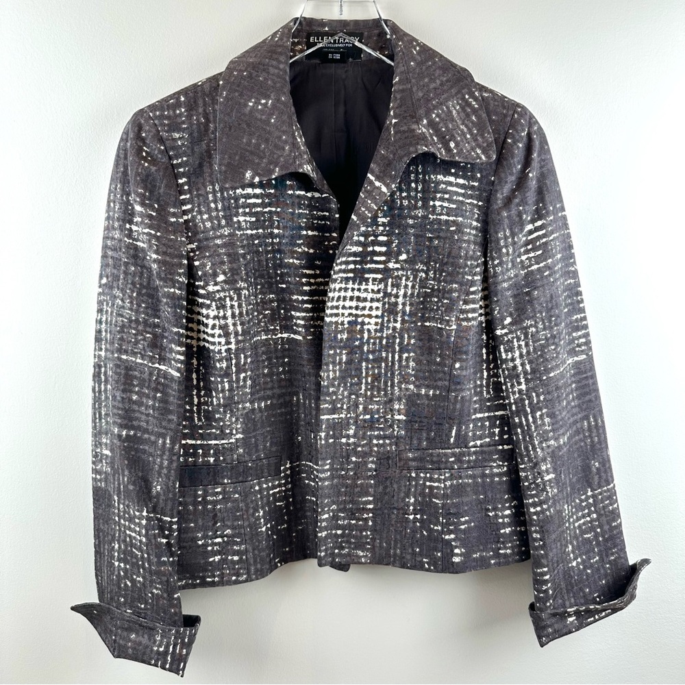 Ellen Tracy Charcoal Gray Blazer Silk Cotton Blend, Open, Slit Pockets, Size 8